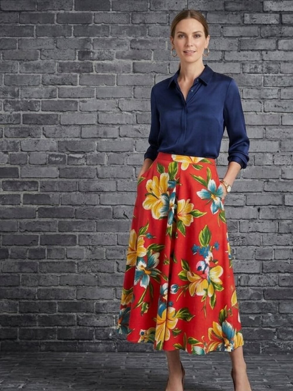 Jones New York A-Line Midi Skirt Women's Size 6 Red Tropical Floral Button Front